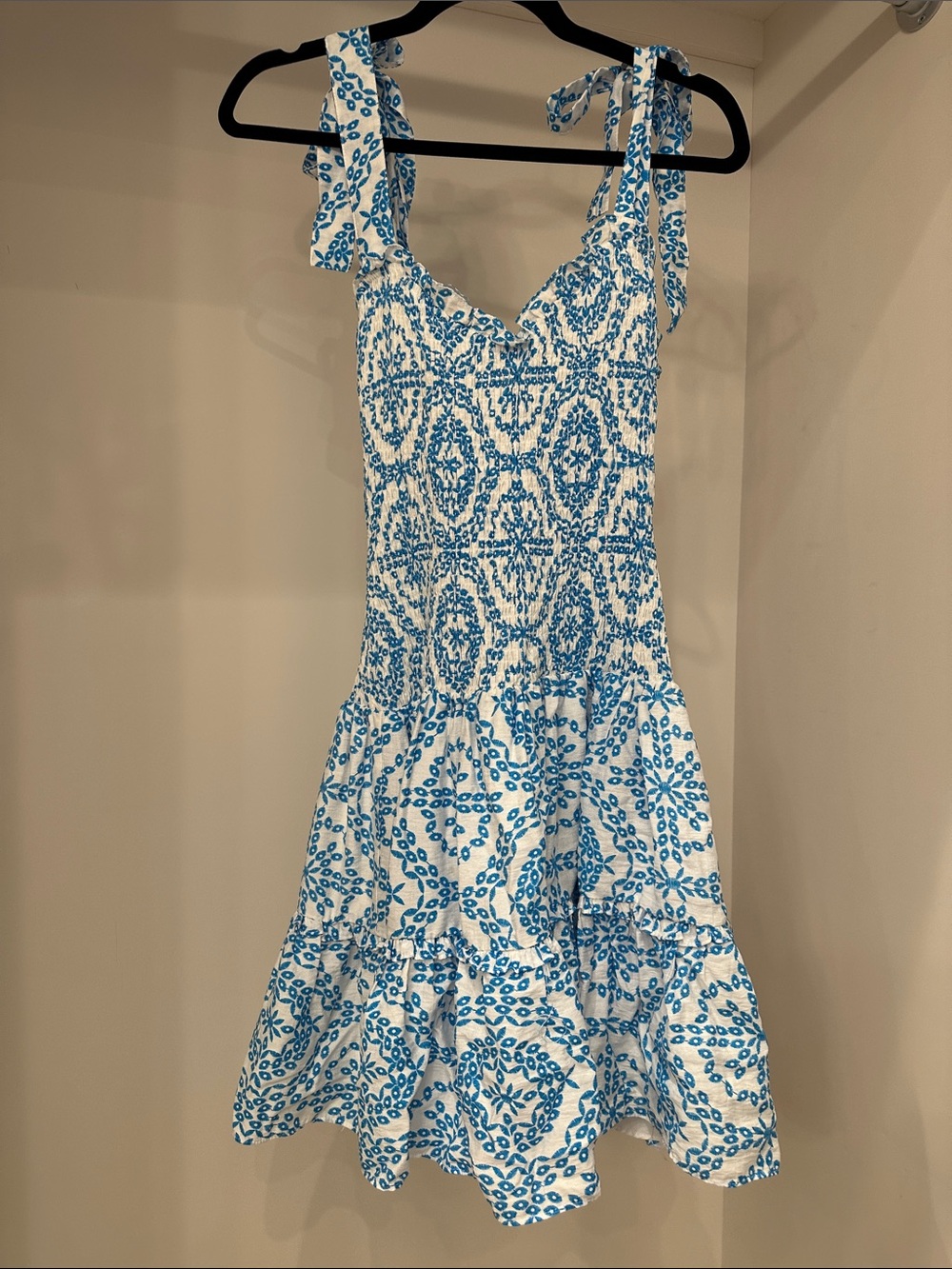 Pink Lily small Blue & White Tie-Shoulder Smocked Sundress. Like new
